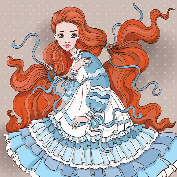 Vector illustration of Art Redhair Girl In Blue Dress