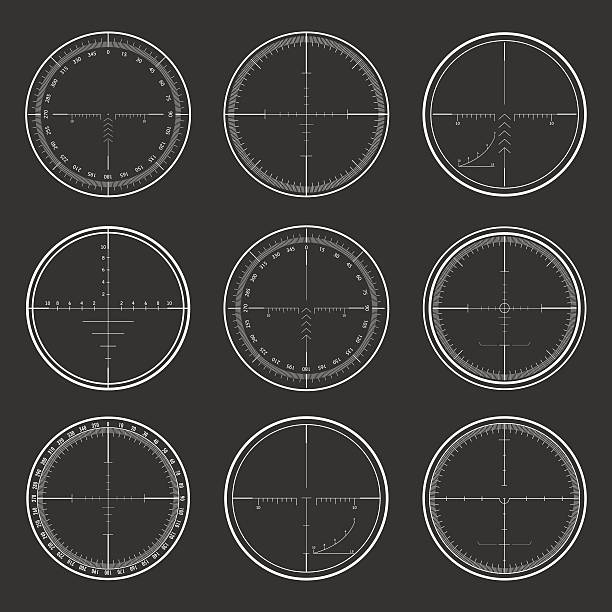 Sniper  crosshairs set Set of military design elements - crosshair sniper scopes isolated on grey background. Vector illustration. sniper stock illustrations