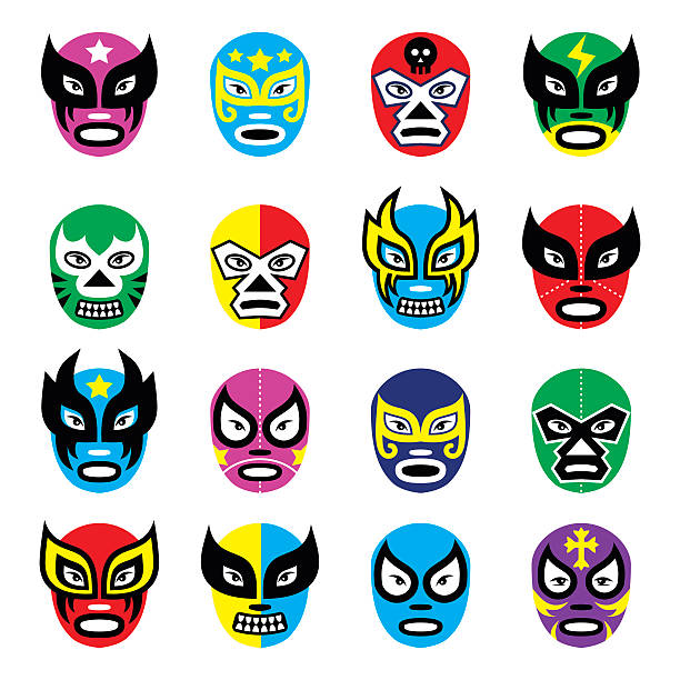 illustrazioni stock, clip art, cartoni animati e icone di tendenza di lotta libera messicana, luchador lotta libera messicana maschere icone - stage costume immagine