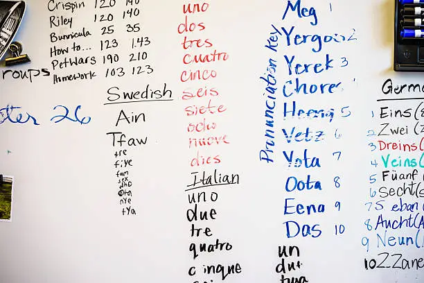 White school board with dry erase text of various languages, such as Armenian, Swedish, Italian, Spanish, German. English numbers from one to ten are written in these languages. Various colors are used and the text is handwritten.