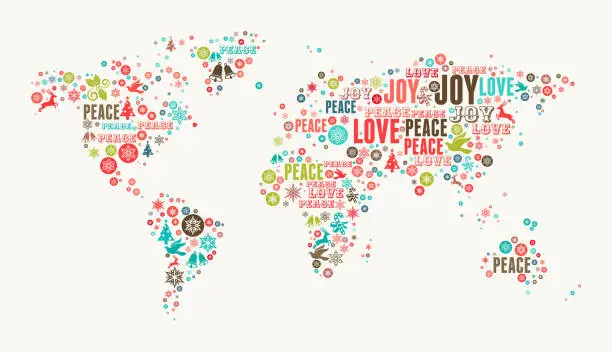 Vector illustration of World Map on Holiday Christmas White Background