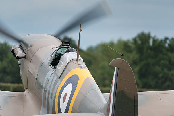 Spitfire British fighter plane Biggleswade, UK - 29 June 2014: Vintage British Supermarine Spitfire fighter on display at the Shuttleworth Collection air show. spitfire stock pictures, royalty-free photos & images