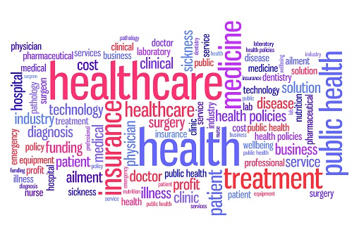 Healthcare and medicine word cloud illustration. Word collage concept.