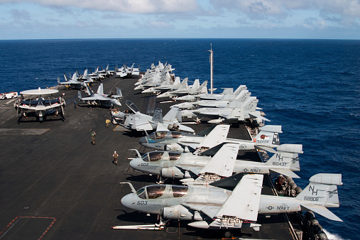 USS Nimitz, Pacific Ocean - November 4th, 2005: F/A18 Hornet, EA-6B Prowler and E-2 Hawkeye aircraft sit on the flight deck of the nuclear-powered aircraft carrier USS Nimitz (CVN-68) while on deployment in the Pacific Ocean.