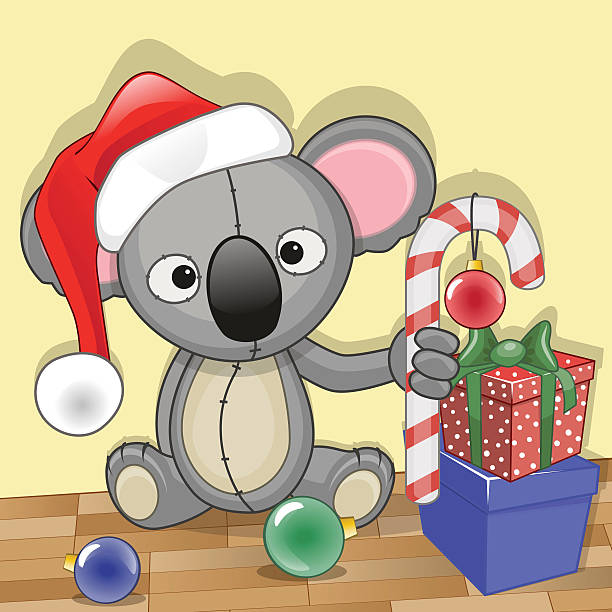 Santa Koala Christmas illustration of cartoon Bear in a Santa's hat koala christmas tree stock illustrations