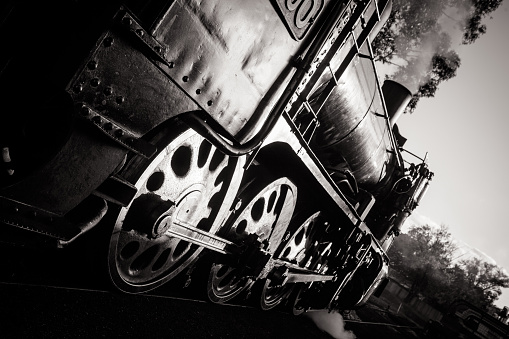 Steam train with smoke from the locomotive driving in the countryside with smoke coming from the chimney. The black and red locomotive is pulling passenger railroad car with tourists. Black and white photo with selective red color.