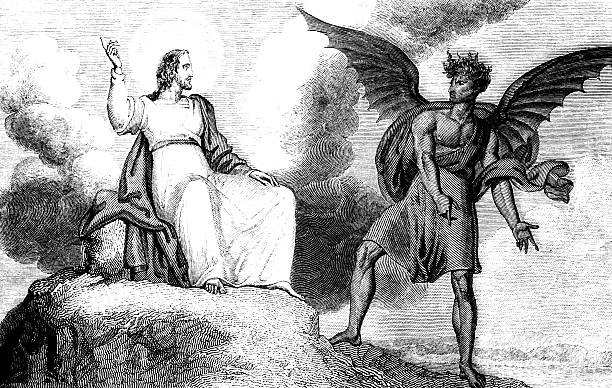 Temptation Of Jesus Christ An engraved illustration of the temptation of Jesus Christ by R. Westall from a Georgian book titled 'Illustrated to the Testament' dated 1836 that is no longer in copyright heaven and jesus drawing stock illustrations