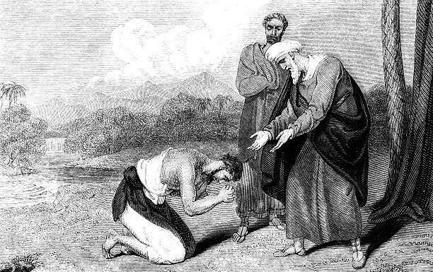 Prodigal Son An engraved illustration of  the parable of the Prodigal Son by R. Westall from a Georgian book titled 'Illustrated to the Testament' dated 1836 that is no longer in copyright son stock illustrations
