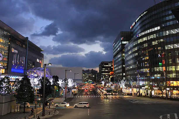 The illuminations night view of JR Hakata city