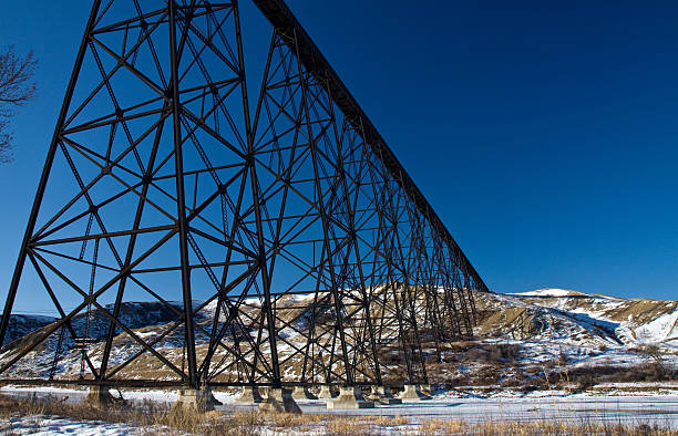 High level rail bridge, Lethbridge, Alberta High level rail bridge as seen from bottom of coulee, Lethbridge, Alberta, Canada lethbridge alberta stock pictures, royalty-free photos & images