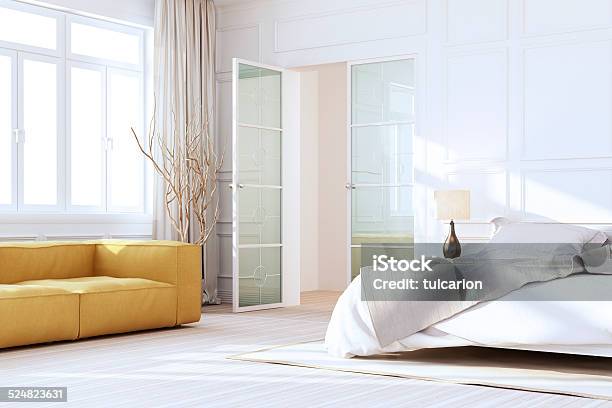 White Luxury Bedroom Interior Stock Photo - Download Image Now - Door, Bedroom, Sparse