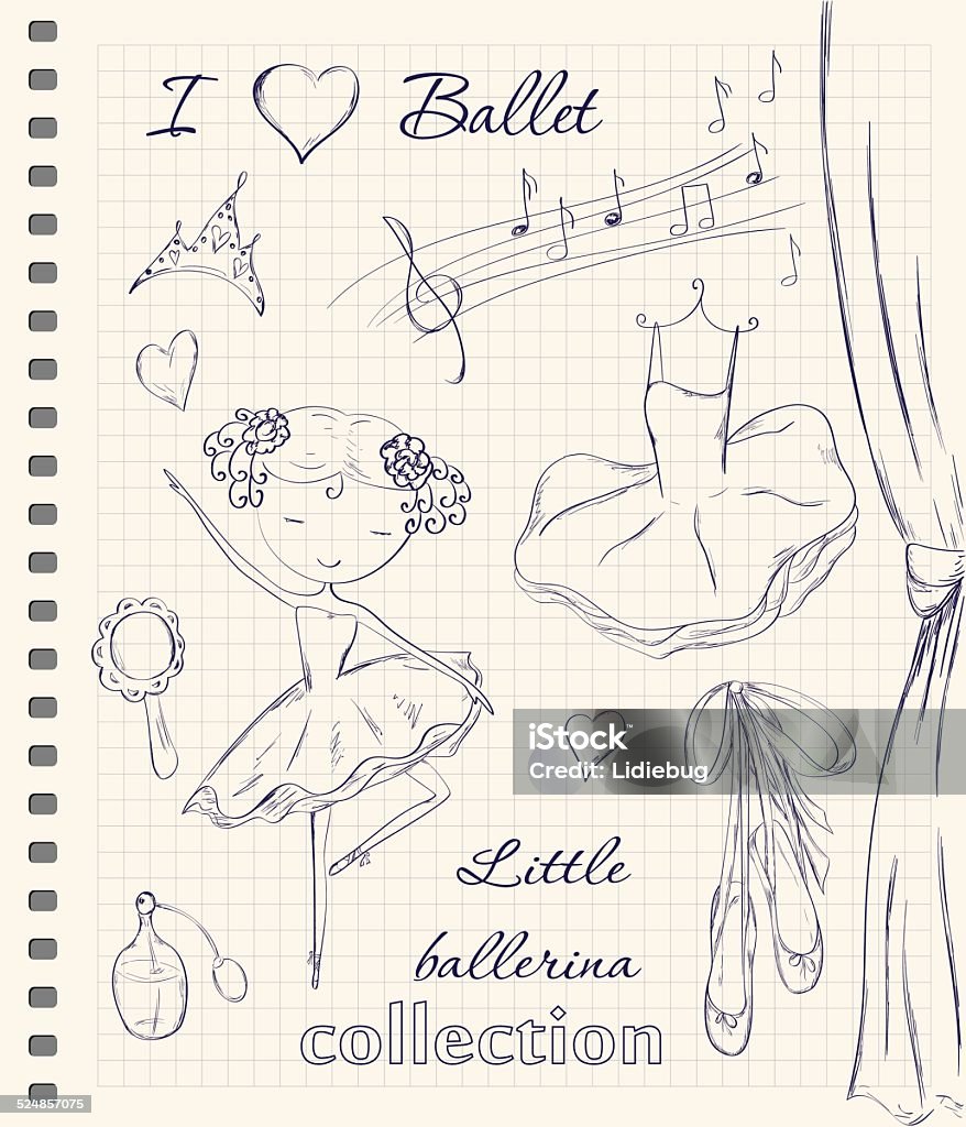 ballerina and accessories Hand drawn ballerina and accessories doodle design elements set on checkered notebook page background. Vector illustration. Ballet stock vector