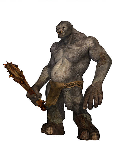 Troll in loincloth holding wooden club stock photo