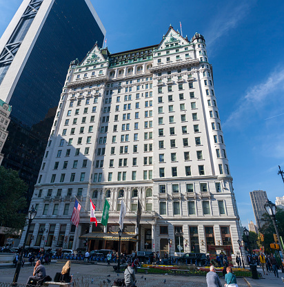 New York, NY, USA - November 4, 2014: the entrance to the luxury Plaza Hotel, occupying the west side of Grand Army Plaza and extending along Central Park South and 5th Avenue in Manhattan.