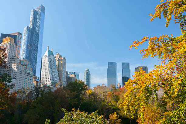 New York Skyline from Central Park New York Skyline (59th Street) seen from Central Park, New York, NY, USA. time warner center columbus circle pictures stock pictures, royalty-free photos & images