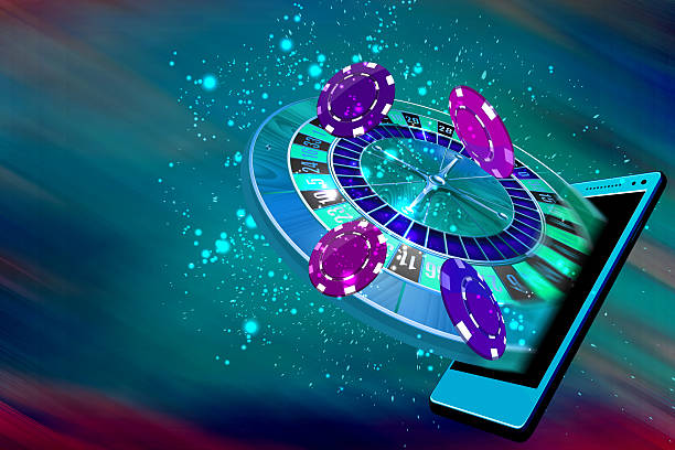 Mobile casino or roulette and casino coins flying out from a mobile Mobile casino or roulette and casino coins flying out from a mobile Mobile Slots stock pictures, royalty-free photos & images