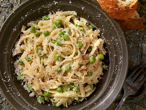 Creamy Fettucini with Peas and Parmesan and crusty Bread -Photographed on Hasselblad H3-22mb Camera