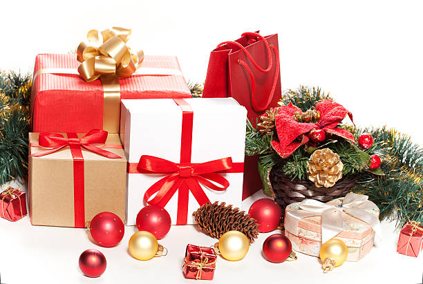 istock Christmas gifts and decorations on a white background 524881631