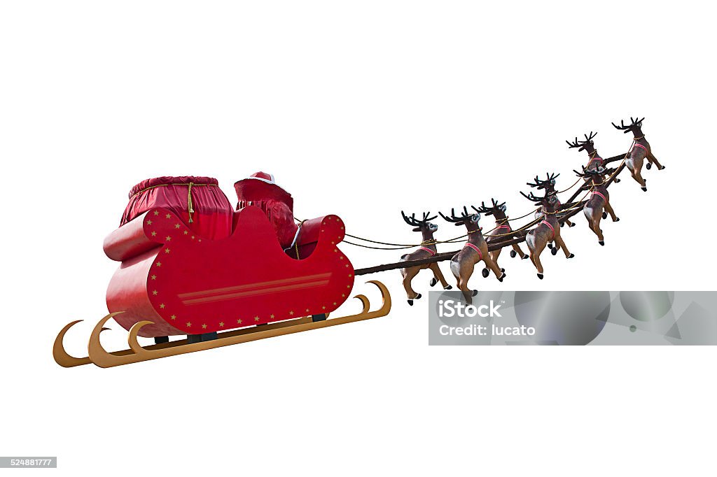 Byebye Santa Claus Santa Claus riding a sleigh in a day light led by reindeers isolated on white background. Animal Sleigh Stock Photo