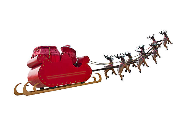 Byebye Santa Claus Santa Claus riding a sleigh in a day light led by reindeers isolated on white background. animal sleigh stock pictures, royalty-free photos & images