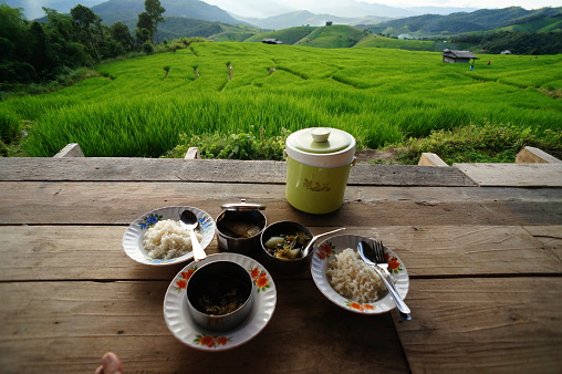 Rice fields on terraced of Baan Pong Paeng, Chaimai, Thailand. great dinning scenery Rice fields
