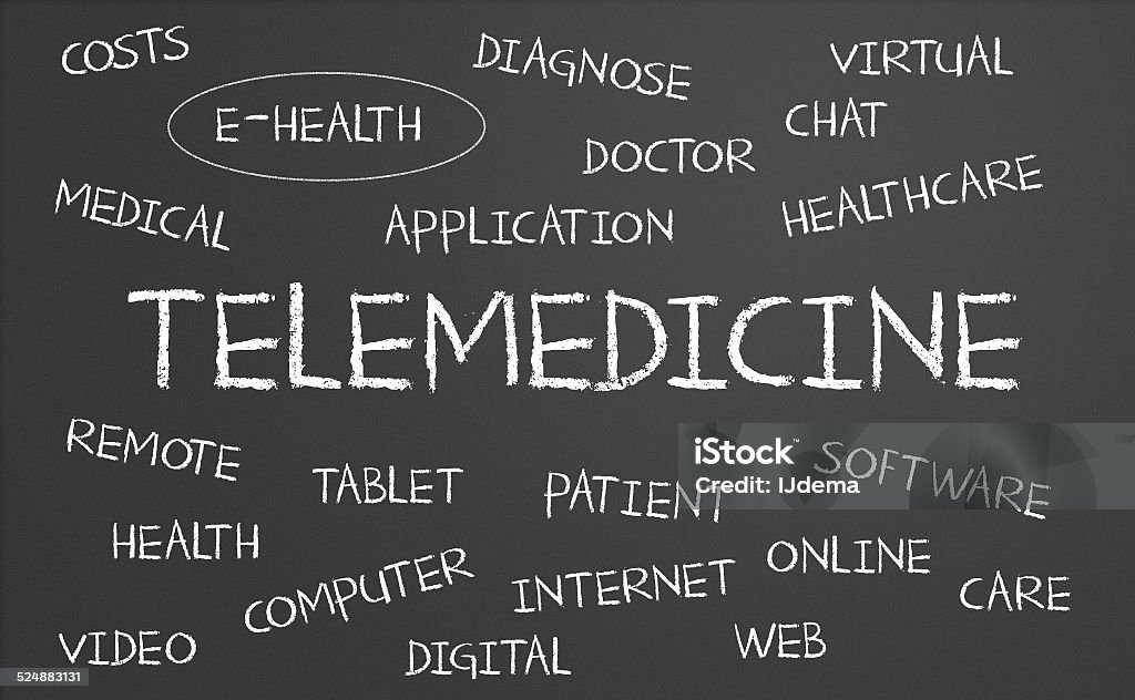 Telemedicine word cloud Telemedicine word cloud written on a chalkboard Black Color Stock Photo