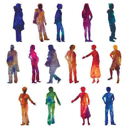 vector watercolor people silhouettes, silhouettes of men and women clothing, painted in different colors watercolor, isolated design vector elements at white background