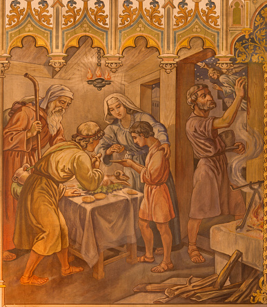 Trnava - The neo-gothic fresco of fhe scene as Israelites at the Pesach supper at the Lord’s Passover by Leopold Bruckner from end of 19. cent in Saint Nicholas church.