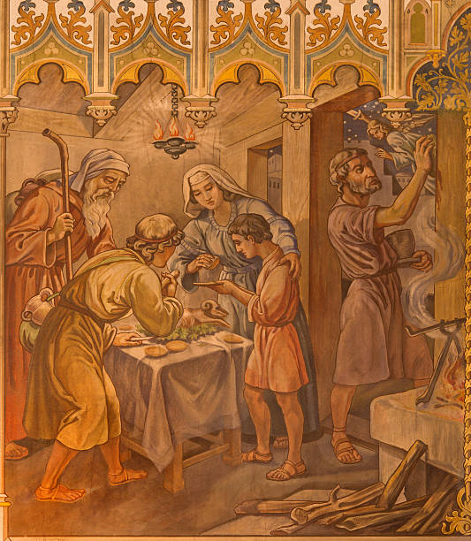 Trnava - Israelites at Pesach supper over Lord’s Passover Trnava - The neo-gothic fresco of fhe scene as Israelites at the Pesach supper at the Lord’s Passover by Leopold Bruckner from end of 19. cent in Saint Nicholas church. lamb animal photos stock pictures, royalty-free photos & images