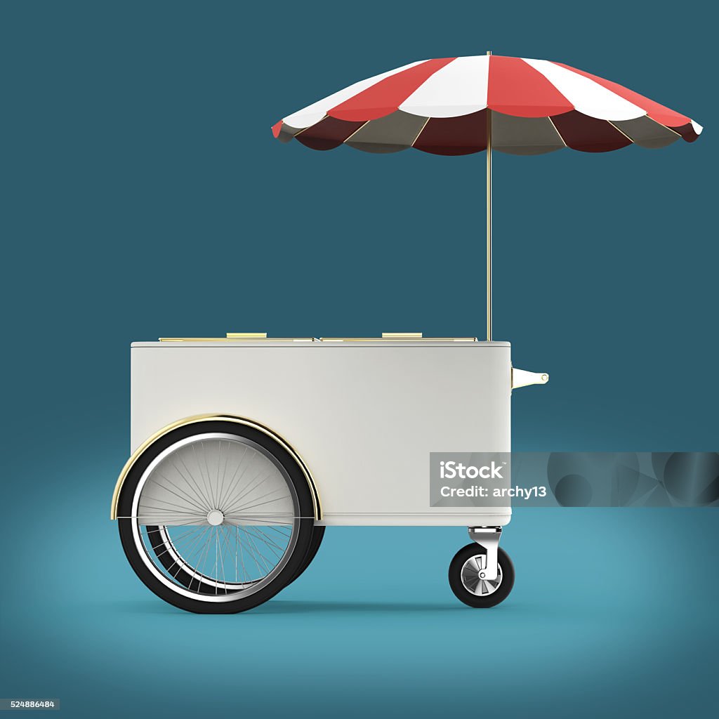 Promoção balcão de rodas com guarda-sol, gastronomia, sorvete, quente - Foto de stock de Sorvete royalty-free