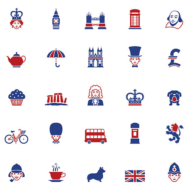 Set of British Icons Illustrator Vector EPS file (any size), High Resolution JPEG preview (5417 x 5417 px) and Transparent PNG (5417 x 5417 px) included. Each element is named, grouped and layered separately. Very easy to edit. british culture stock illustrations
