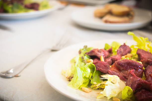 gizzards plate with salad on a table prepared