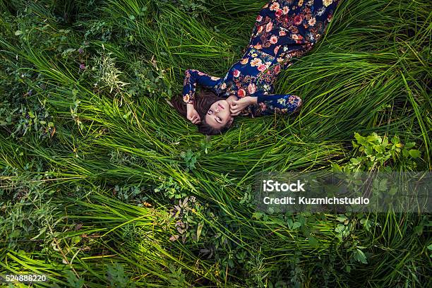 Beautiful Young Woman In Dress Lying In The Grass Stock Photo - Download Image Now - Women, Fashion, Nature