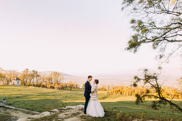 istock Bride and groom on the green meadow looking at each 524890764