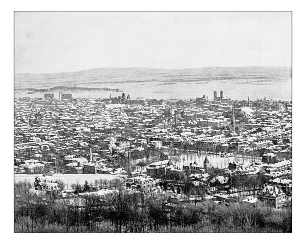 앤틱형 사진이 도시 몬트리올 (캐나다), 19세기 - montreal harbor old commercial dock stock illustrations