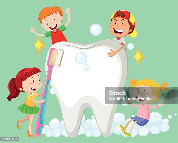 Children Cleaning Tooth With Toothbrush Stock Illustration - Download Image Now - Backgrounds, Boys, Child
