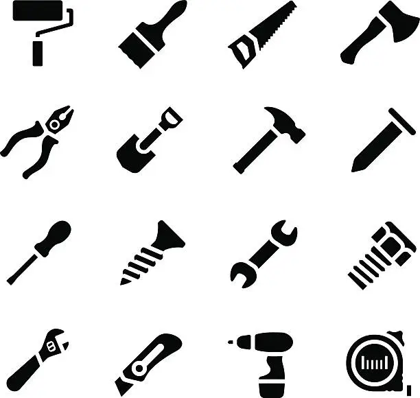 Vector illustration of Icon set of black simple silhouette of work tools