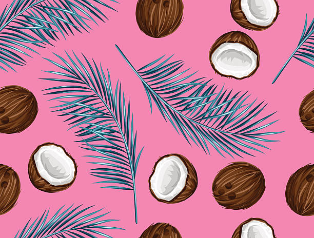 illustrations, cliparts, dessins animés et icônes de sans soudure motif avec des noix de coco. tropical fond abstrait dans un style rétro - cocotier