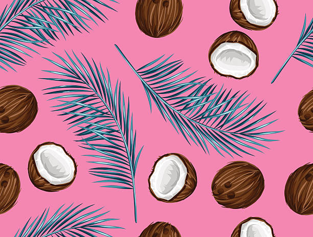 ilustrações, clipart, desenhos animados e ícones de sem costura padrão com coco. tropical fundo abstrato em estilo retrô - fruit freshness tree foods and drinks