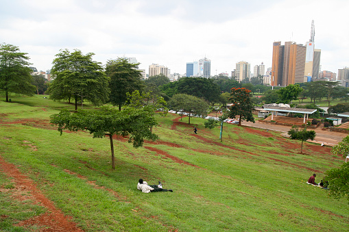 Nairobi, Kenya - June 7, 2009:  Public view point of the city of Nairobi, with the cityscape in the background, in a park of the capital of Kenya on June 07, 2009 in Nairobi