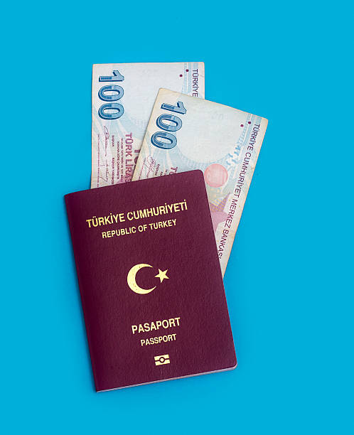 istock Turkish passport with Turkish banknotes over blue background 524894530