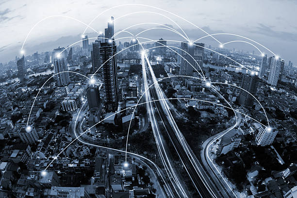 blue tone city scape and network connection concept