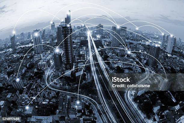 Blue Tone City Scape And Network Connection Concept Stock Photo - Download Image Now