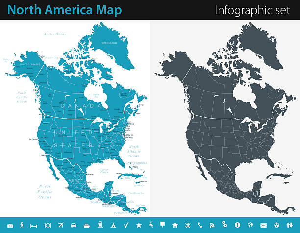 illustrazioni stock, clip art, cartoni animati e icone di tendenza di nord america mappa-infografica impostare - canada