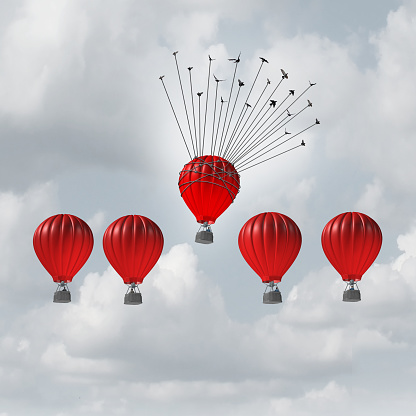 Group help concept competitive edge and business advantage concept as a group of 3D illustration hot air balloons racing to the top but an individual leader helped by a flock of birds lifted highest.
