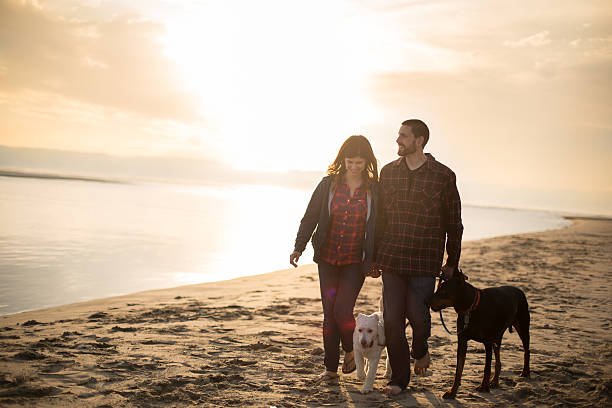 istock Attractive couple and their dog taking a walk on the 524903532