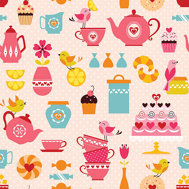 ilustraciones, imágenes clip art, dibujos animados e iconos de stock de té con patrón de amor - flower cherry cup tea