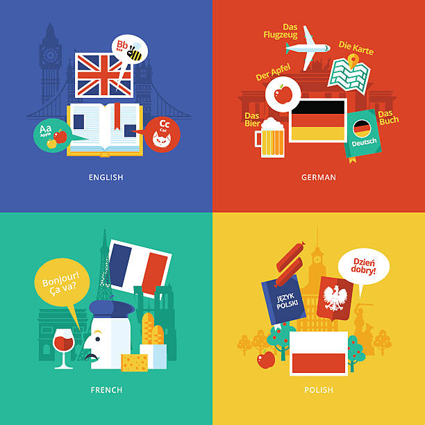 ilustraciones, imágenes clip art, dibujos animados e iconos de stock de conjunto de iconos de concepto de diseño plano para de lenguas extranjeras. - french culture dictionary france text