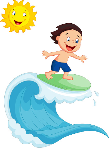 Vector illustration of Happy little boy cartoon surfing 