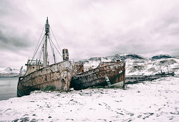 istock two abandoned whaling ships in South Georgia 524907065